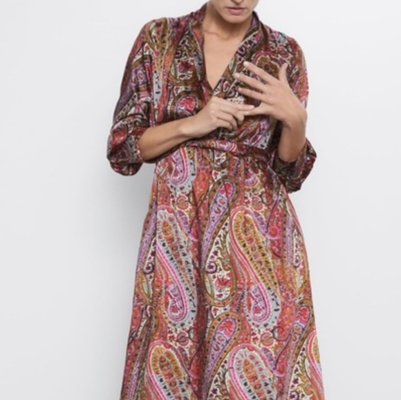 PAISLEY Faux Wrap long sleeve Zara dress - red olive cream - Picture 1 of 8